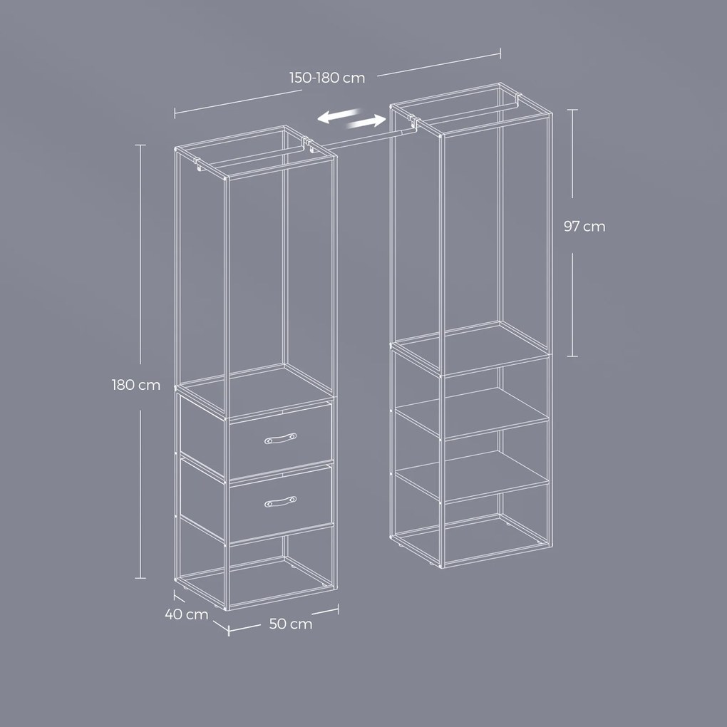 Guarda roupa aberto com 2 gavetas 40 x (150-180) x 180 cm Preto