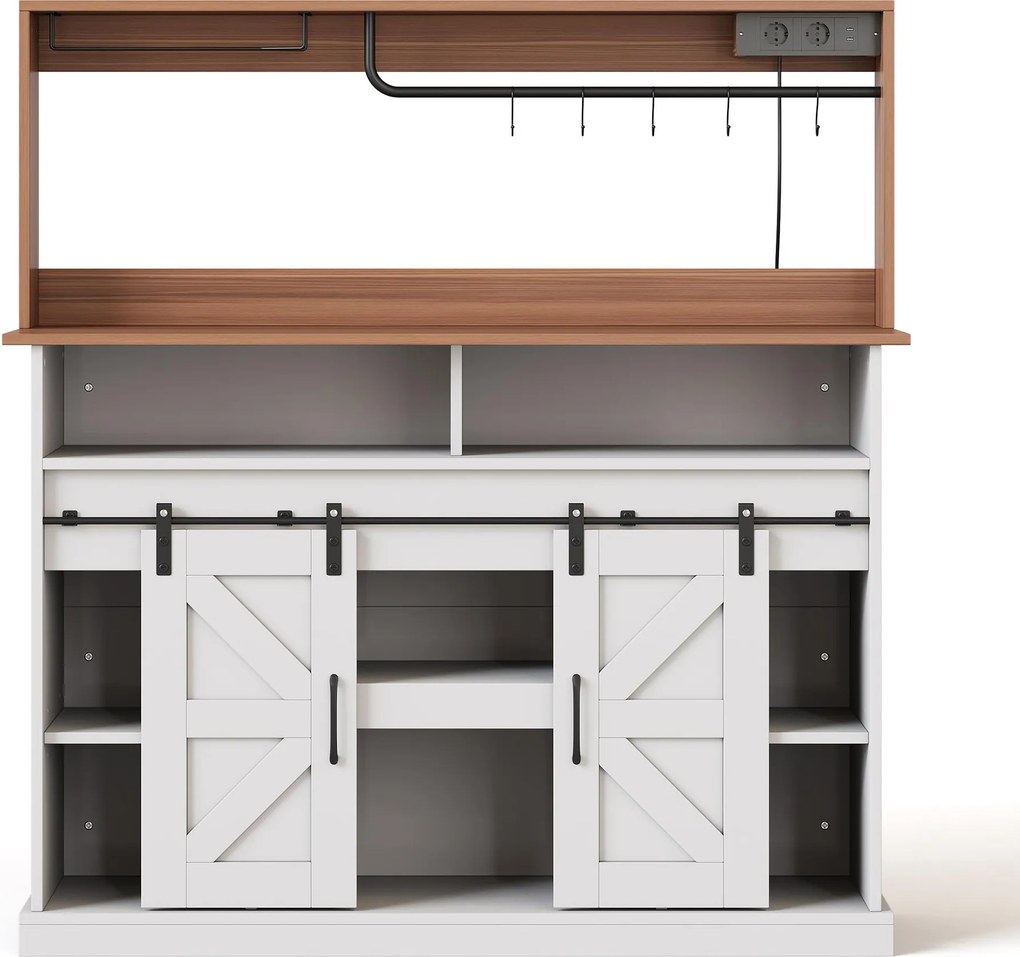 Aparador-cafetaria, em estilo casa de campo com portas de correr, Aparador com arrumação, 120x40x130 cm, Branco+Cor natural| AOSOM Portugal