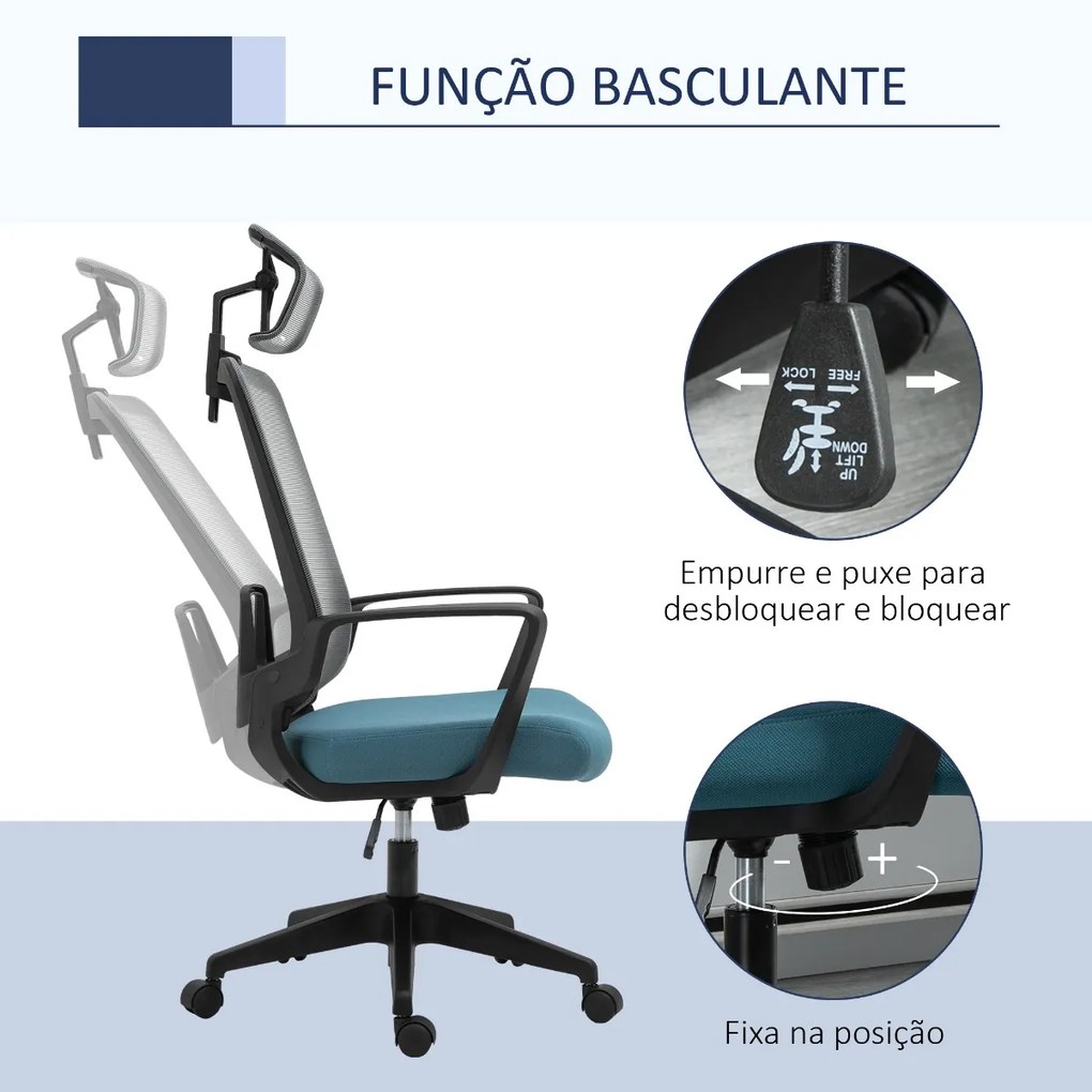 Cadeira de Escritório Ergonômica Giratória com Altura Ajustável Apoio para a Cabeça Apoio para os Braços e Suporte Lombar Reguláveis 63,5x63x116,5-125
