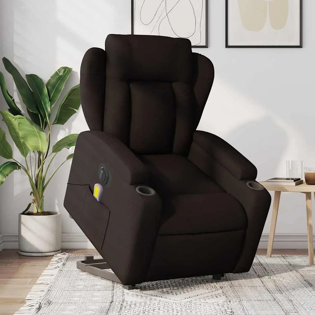 vidaXL Poltrona elétrica elevatória massagens tecido castanho-escuro