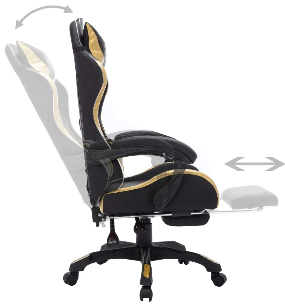 Cadeira estilo corrida luzes LED RGB couro artif. dourado/preto