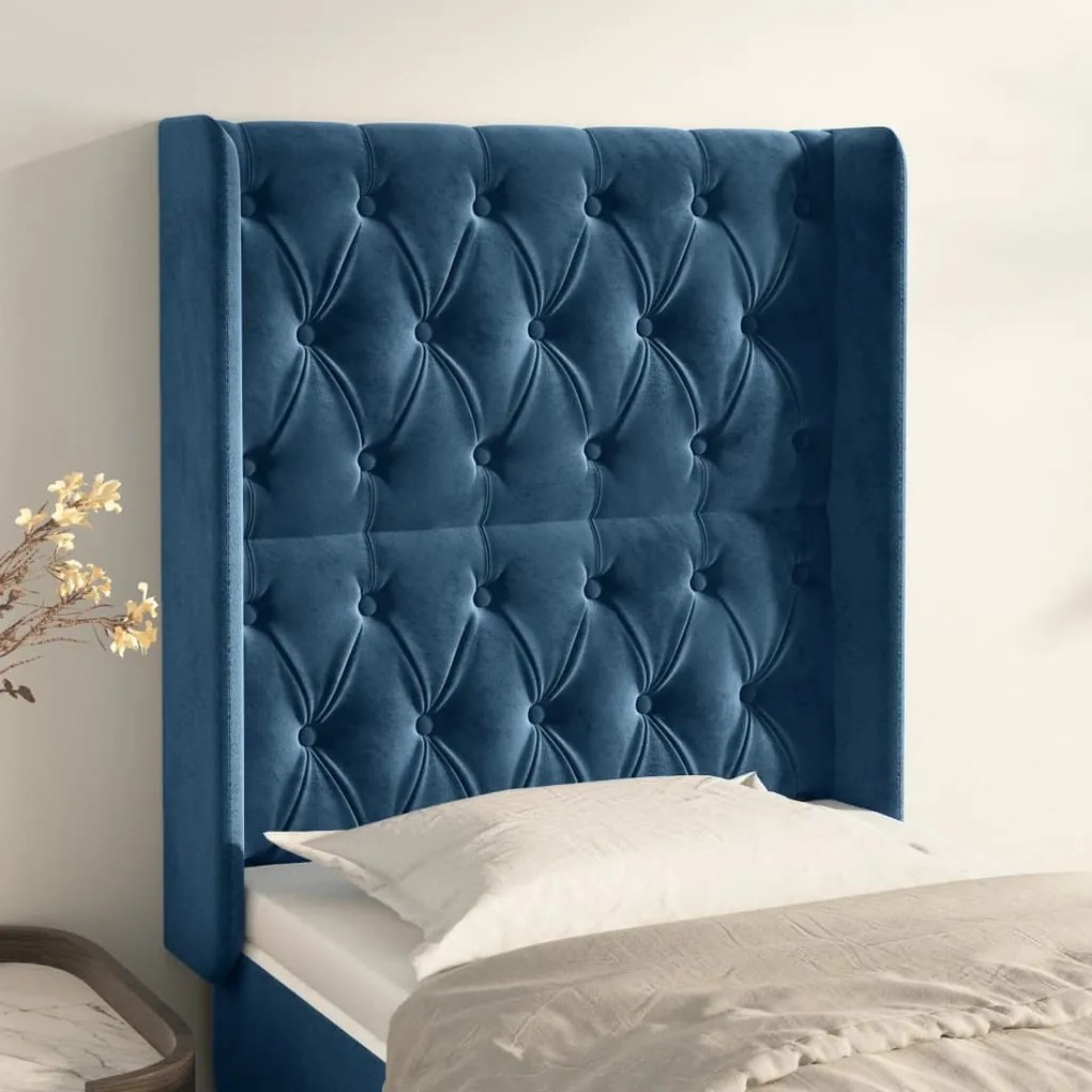 Cabeceira cama c/ abas veludo 83x16x118/128 cm azul-escuro