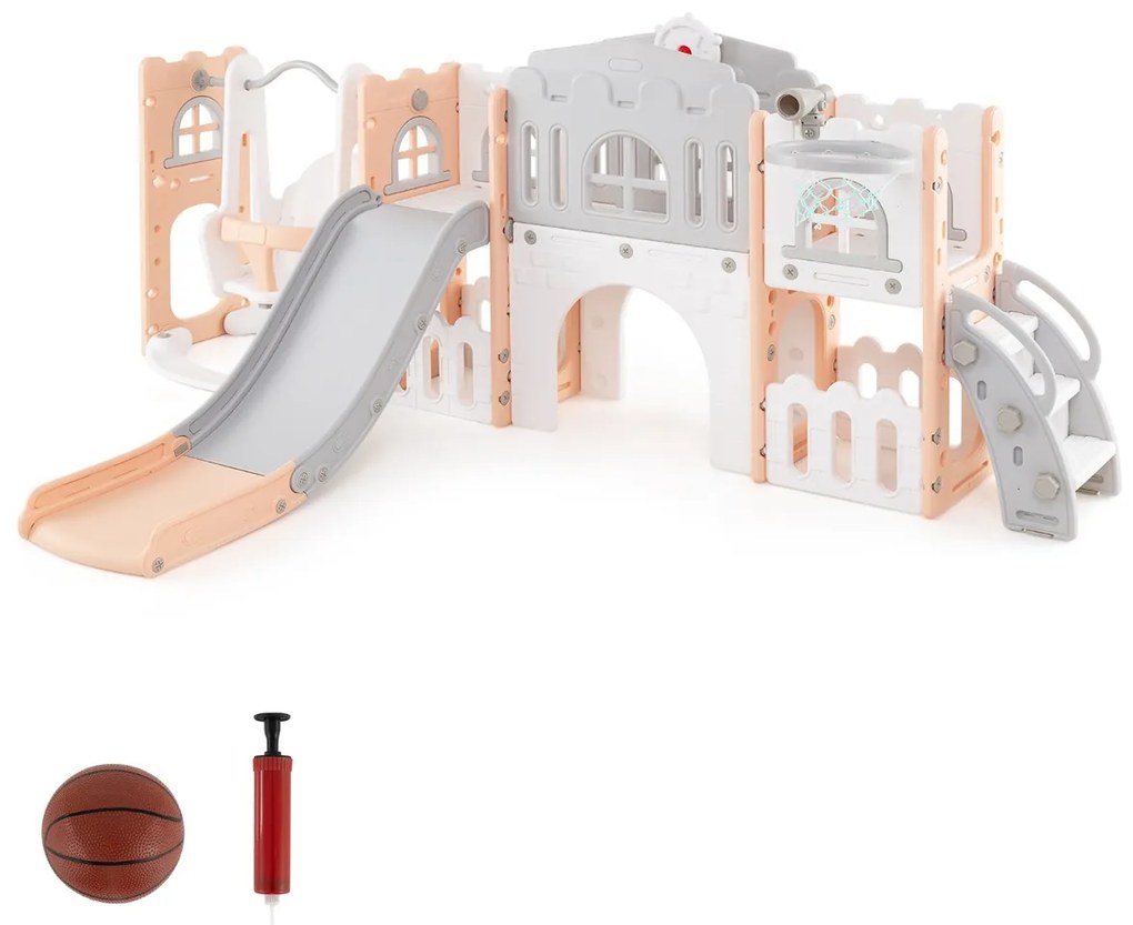 Conjunto de baloiço e escorrega 10 em 1 para crianças com cesto de basquetebol telescópico e corredor infantil Cinza + Rosa
