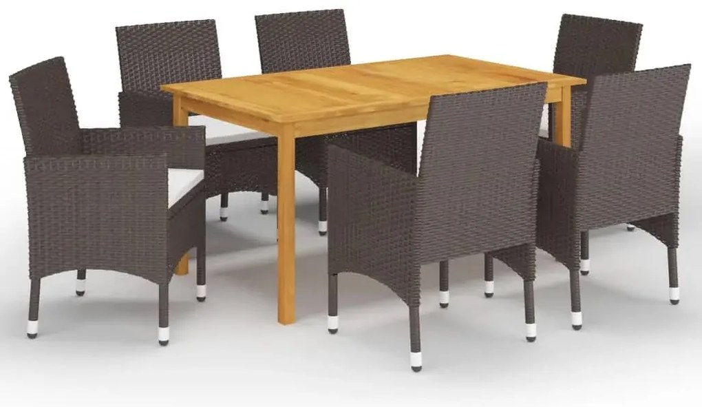7 pcs conjunto de jantar para jardim com almofadões castanho