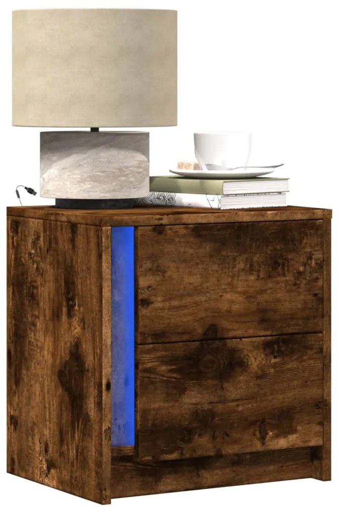 Mesa cabeceira c/ luzes LED derivados madeira carvalho fumado