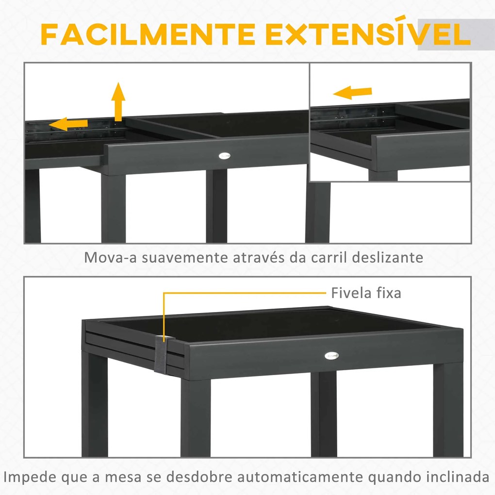 Mesa de Jardim Extensível de Alumínio com Bancada de Vidro Temperado 160x80x75 cm Preto