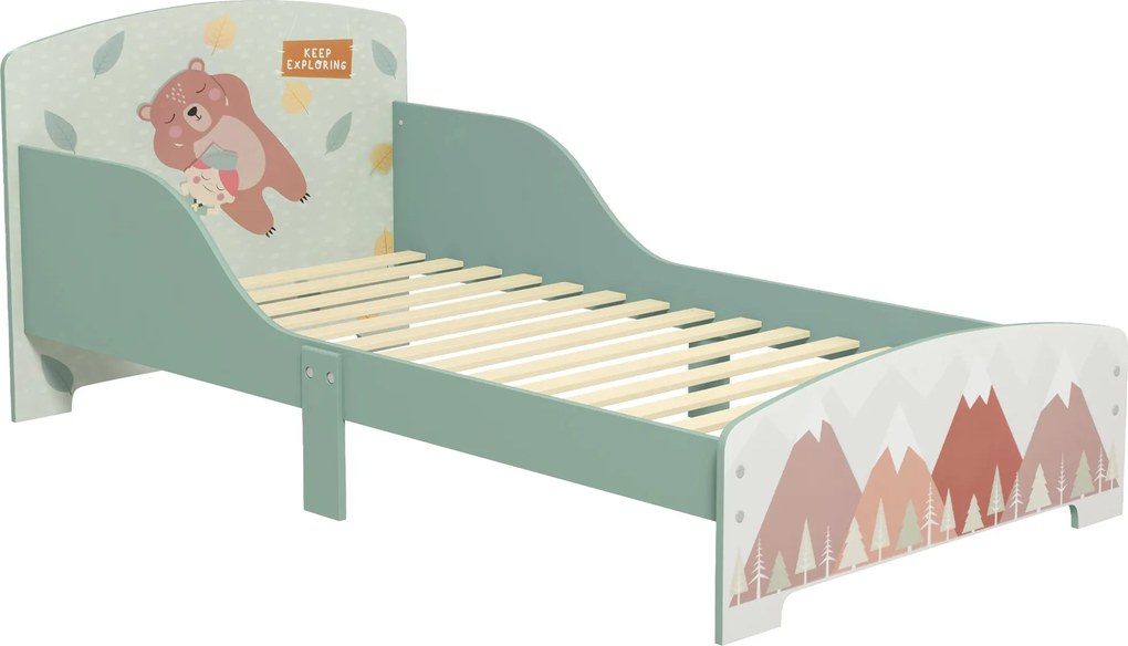 Cama para Crianças de Madeira (COLCHÃO NÃO INCLUIDO) com Barreira de Proteção e Estampados Carga Máx. 40 kg 77x143x60 cm Verde