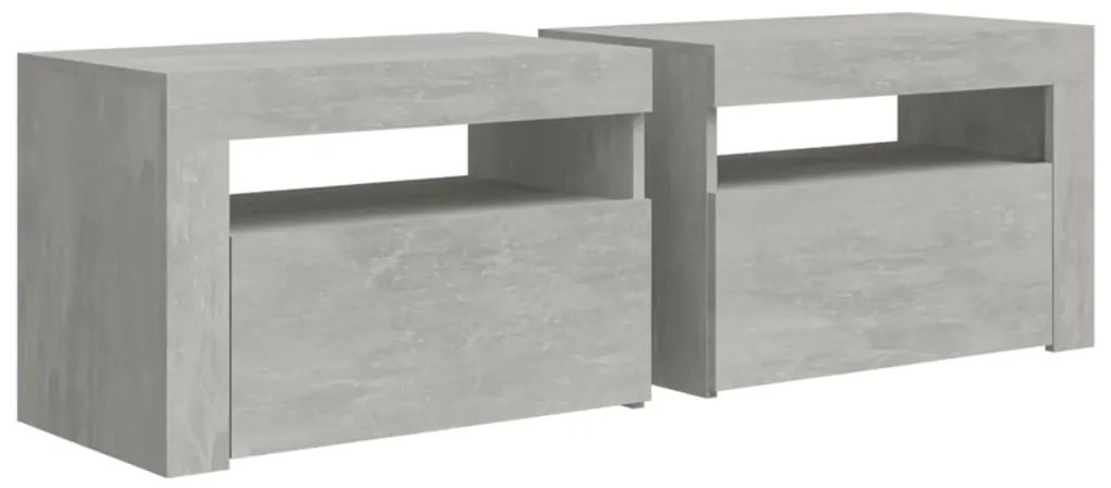 Mesas cabeceira c/ luzes LED 2 pcs 60x35x40 cm cinzento cimento