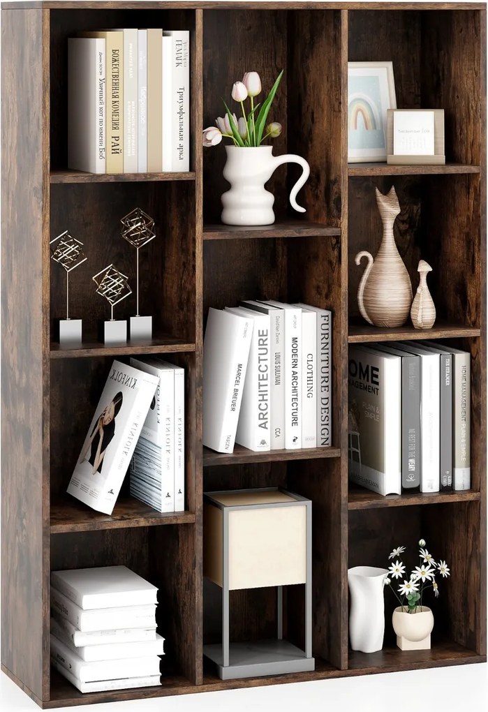 Estante com 11 cubos 74 x 24 x 105 cm para livros vertical ou horizontal em madeira Castanho