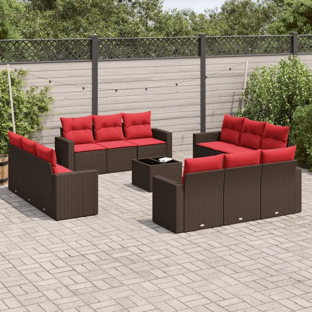 vidaXL 13 pcs conjunto sofás p/ jardim c/ almofadões vime PE castanho