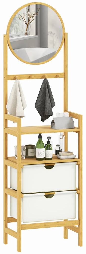 HOMCOM Estante de Casa de Banho em Bambu com Espelho Estante de Arrumação com 4 Ganchos 2 Prateleiras Abertas e 2 Gavetas de Tecido para Cozinha Casa de Banho Sala de Estar 48,5x30x170 cm Madeira