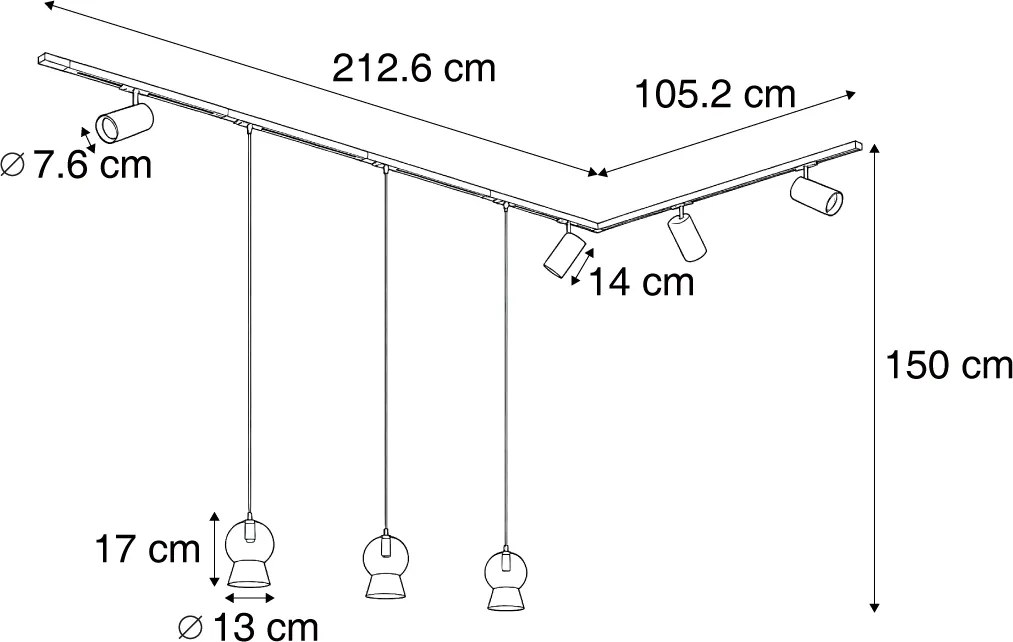 Sistema de calhas moderno preto com 4 focos e 3 candeeiros pendentes brancos monofásico - Iconic Bell Jeana Luxe