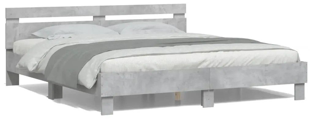 Estrutura cama cabeceira e luzes LED 160x200cm cinzento cimento
