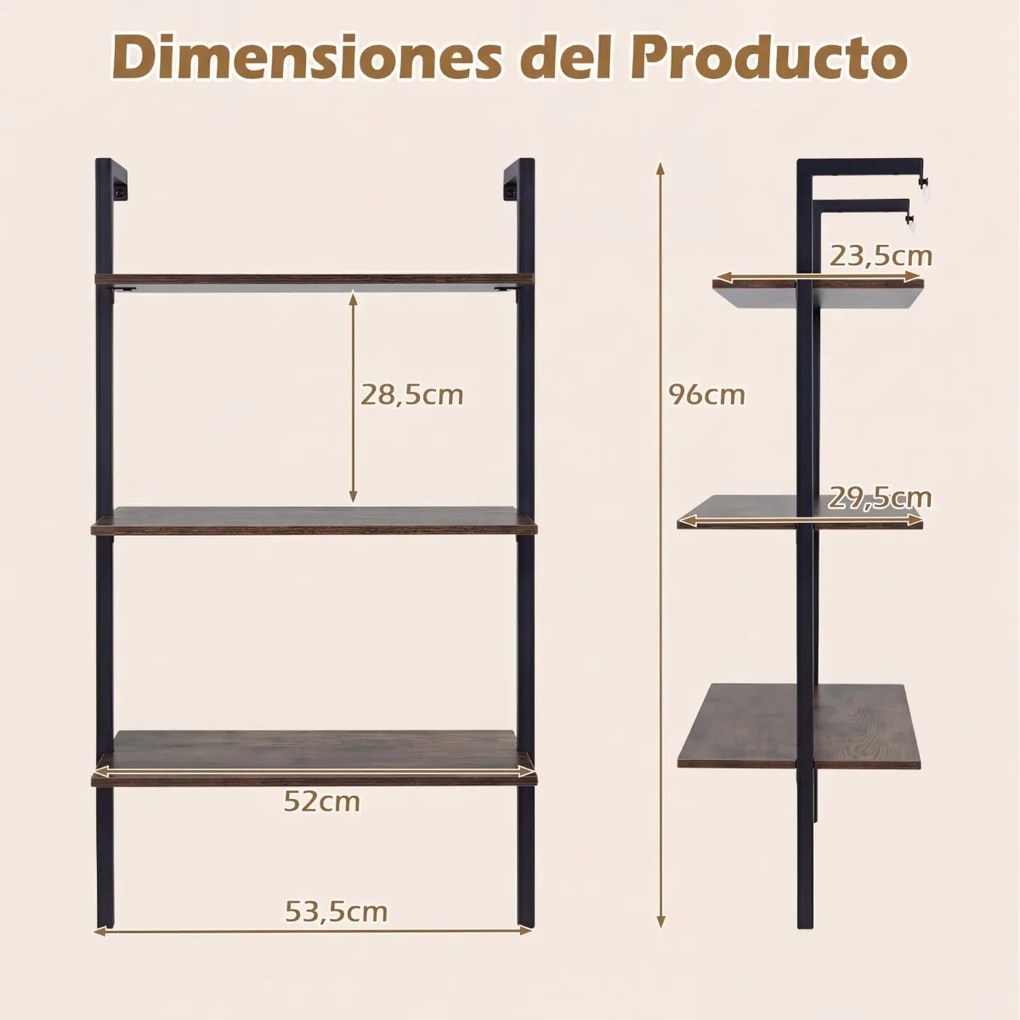 Estante flutuante 53,5 x 29,5 x 96 cm de 3 níveis em forma de escada, com estrutura preta e painéis industriais, para casa de banho, cozinha ou sala d