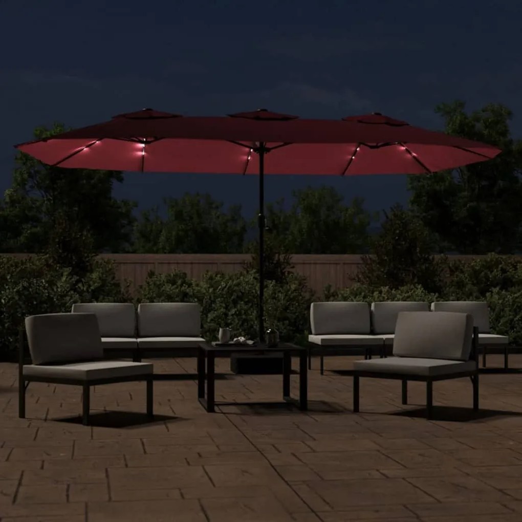 Guarda-sol de jardim c/ cabeça dupla/luzes LED 449x245 cm bordô