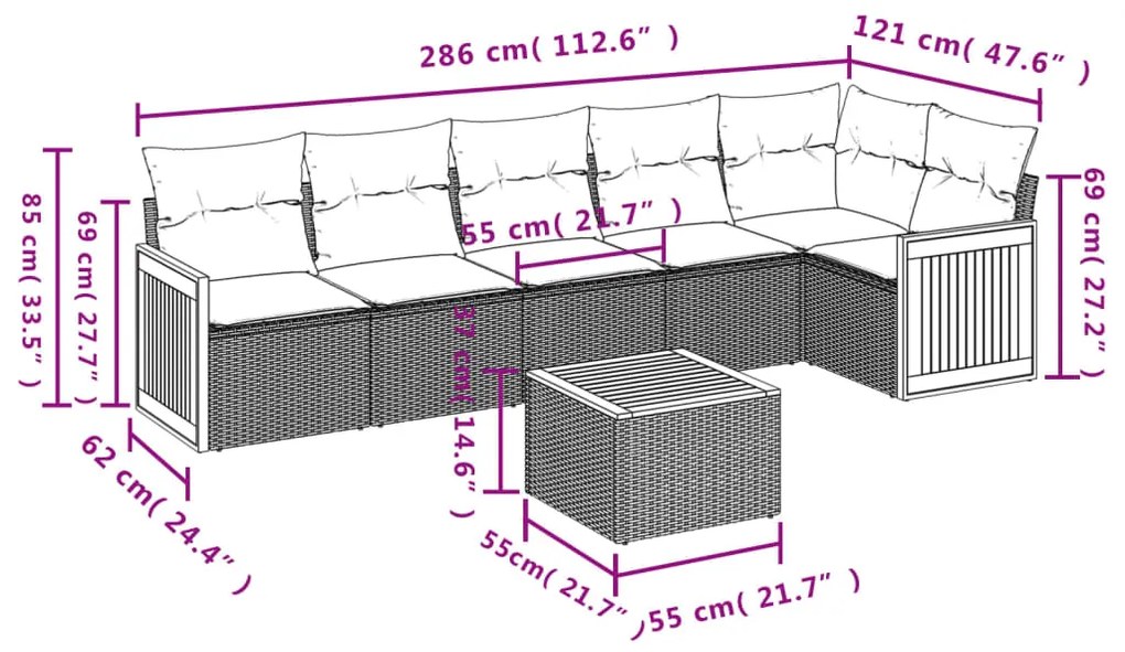 7 pcs conjunto de sofás p/ jardim com almofadões vime PE bege