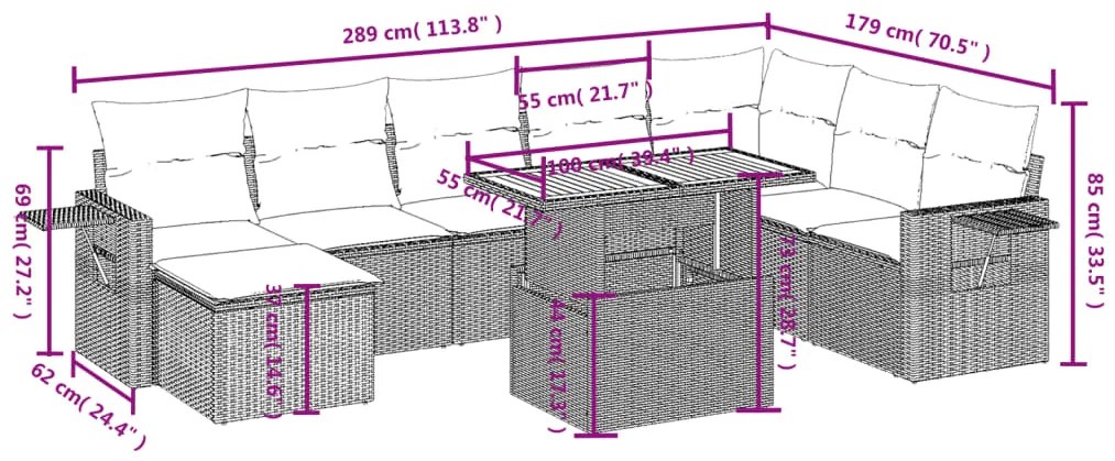 9 pcs conjunto de sofás p/ jardim com almofadões vime PE bege