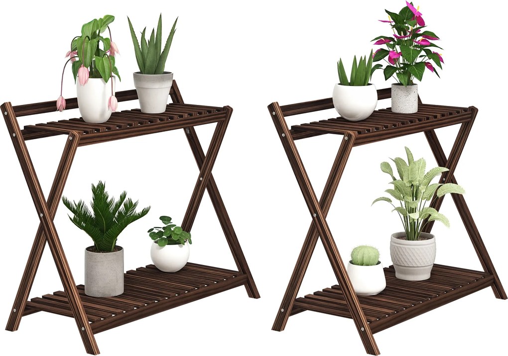 Conjunto de 2 suportes para plantas de interior com 2 níveis 73 x 36 x 64 cm, , prateleiras para plantas e suporte traseiro, castanhos