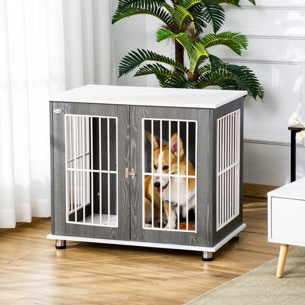 Gaiola para Cães de Madeira Mesa Auxiliar com Bancada de Armazenamento 2 Portas com Fechadura 85x55x75cm Cinza