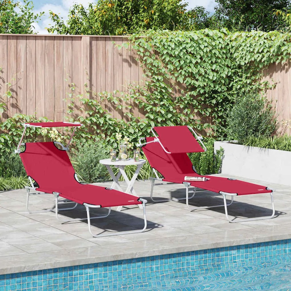 Espreguiçadeiras Dobráveis 2 pcs com Toldo Vermelho Tecido Oxford 600D