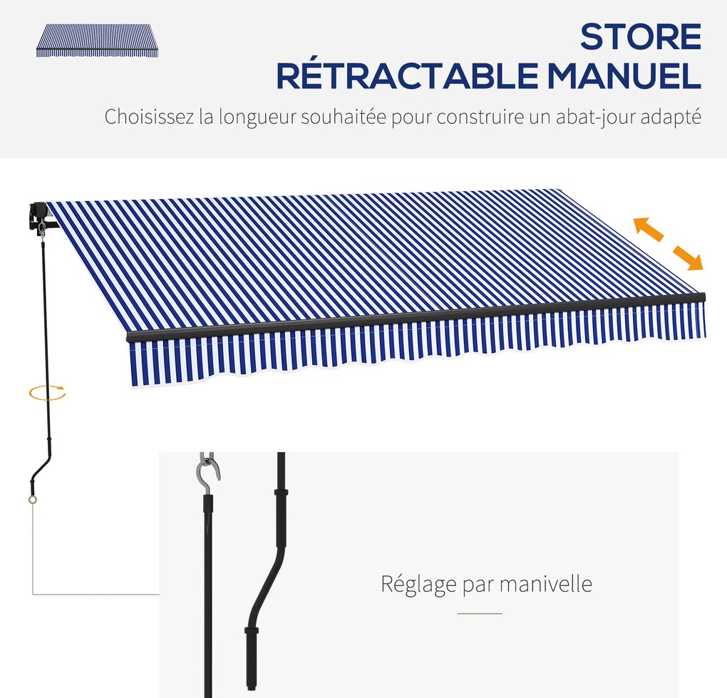 Toldo manual retrátil para varanda 295 L x 247 L cm, com inclinação ajustável, manivela, estrutura em alumínio e tecido de poliéster azul e branco