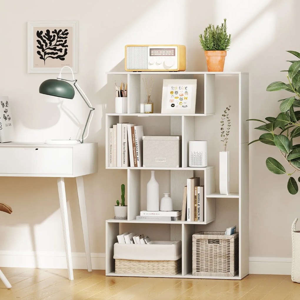 Estante em forma de S com 4 níveis, 6 compartimentos abertos e 2 dispositivos antiderrapantes para escritório ou estúdio, 80 x 30 x 119 cm, branco