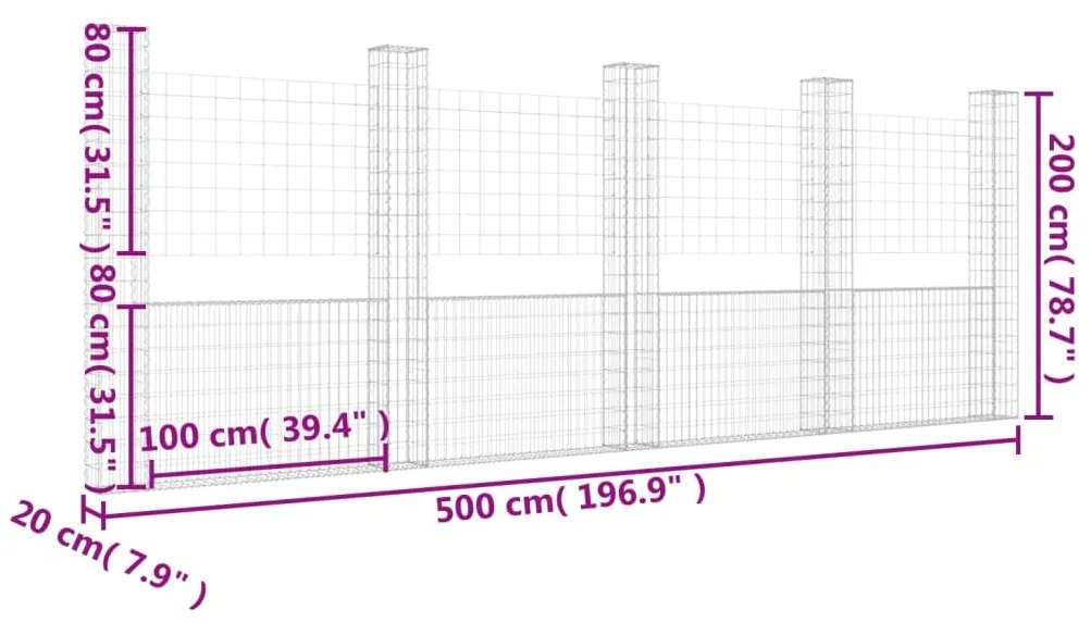 Cesto gabião em forma de U c/ 5 postes 500x20x200 cm ferro