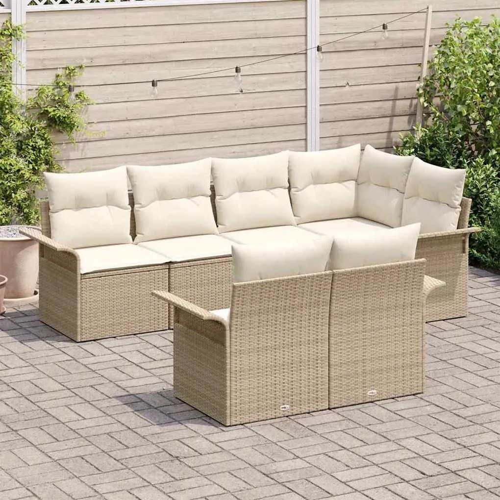 Conjunto de Sofá de Jardim vidaXL de 7 Peças com Almofadas Bege Rattan