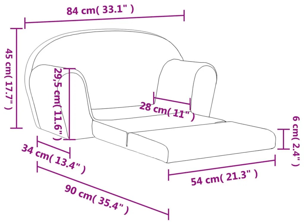 Sofá-cama infantil de 2 lugares pelúcia macia cinzento-claro