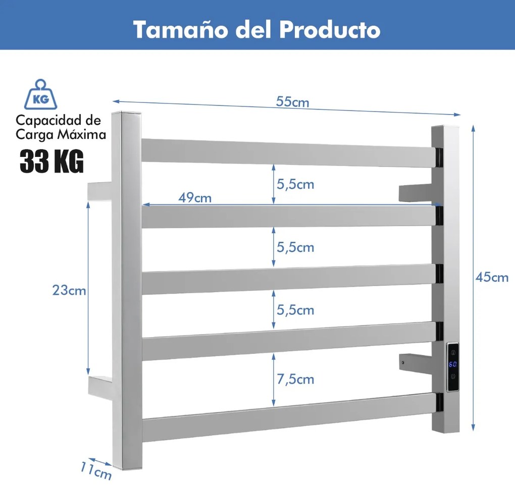 Toalheiro de casa de banho elétrico de 120 W montado na parede com 5 barras, temporizador, controlo de temperatura, ecrã LED 55 x 11 x 45 cm Prata