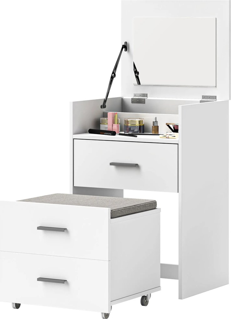 Conjunto de Toucador e Banco com Rodas, 50 x 40 x 113,5 cm, Espelho Rebatível, Branco
