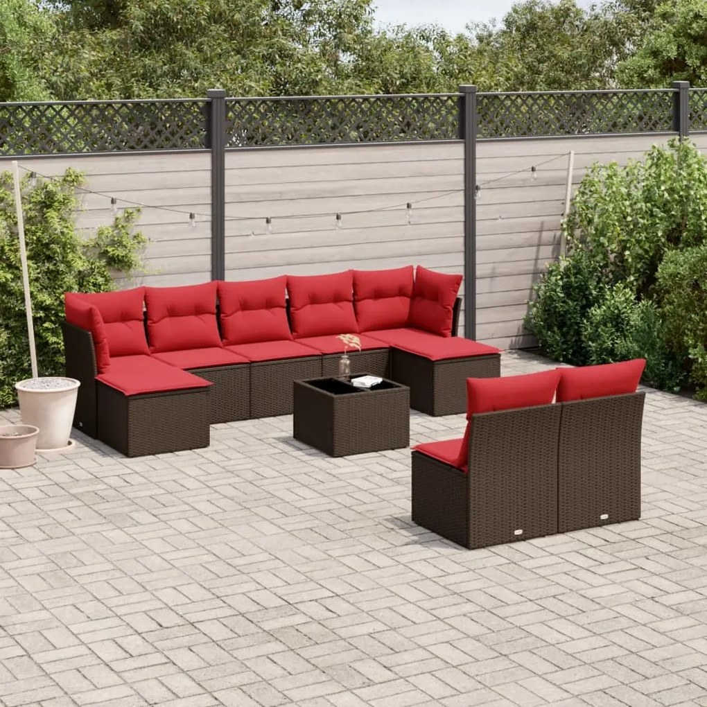 vidaXL 10 pcs conj. sofás jardim com almofadões vime PE castanho