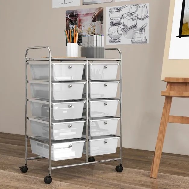 Carrinho móvel multiusos com 10 gavetas organizador multiusos com rodas 65,5 x 37 x 87 cm - transparente