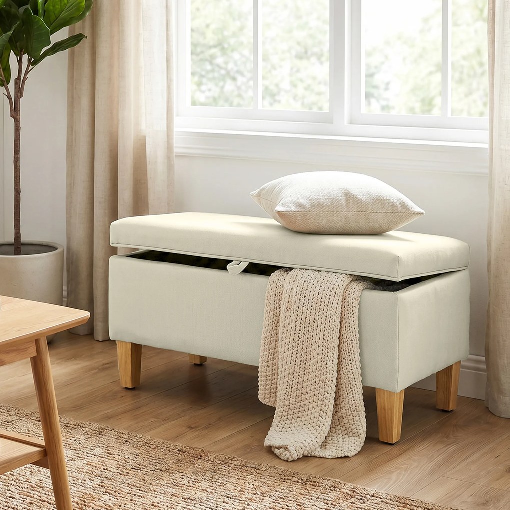 Banco de arrumação 71x37x36 cm, apoio de cama, apoio para os pés almofadado em linho com pés em madeira de borracha, bege