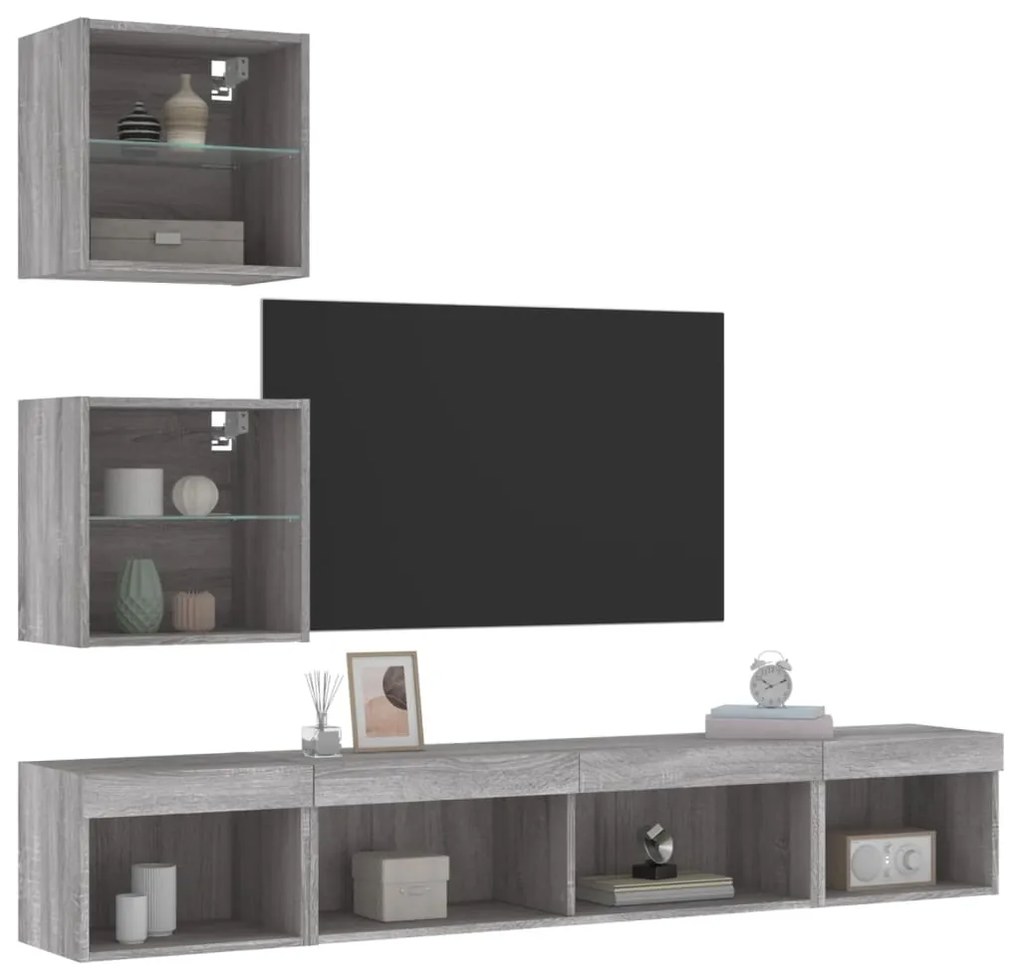 vidaXL 5 pcs móveis parede p/ TV c/ LEDs deriv. madeira cinza sonoma