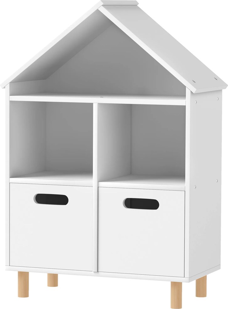 Estante infantil, móvel de arrumação para crianças 63,7 x 29,7 x 89 cm com 3 níveis e duas gavetas, em forma de casa branca