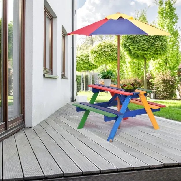 Conjunto de mesa de piquenique de madeira e guarda-sol para crianças dobrável para jardim multicolorido