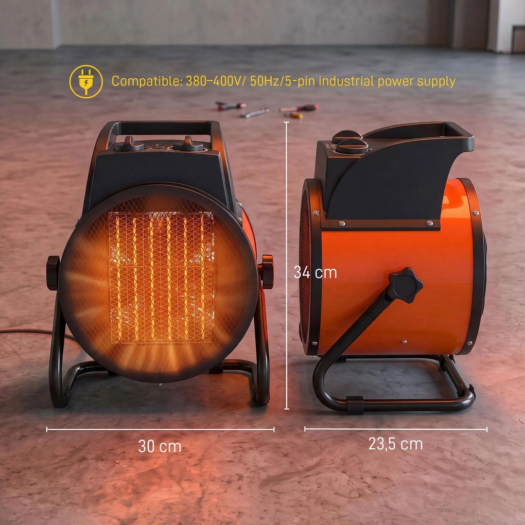 Aquecedor Elétrico Cerâmico PTC 5000W com Termóstato Ajustável 3 Modos e Ângulo Ajustável Portátil para 48 m² Laranja