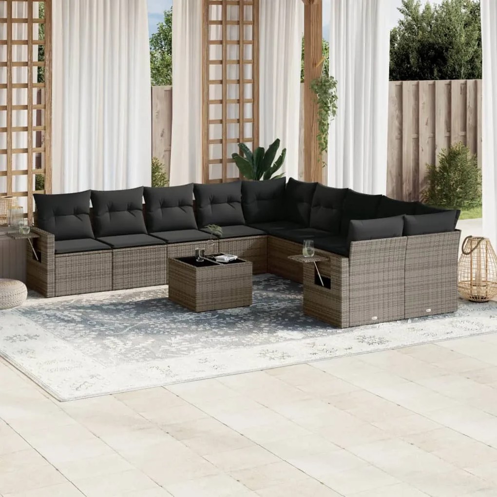 11 pcs conjunto sofás de jardim c/ almofadões vime PE cinzento