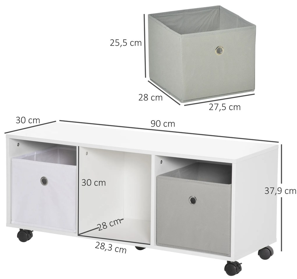 Móvel para Brinquedos com 5 Rodas Organizador de Brinquedos de Madeira com 3 Cubos de Armazenamento e 2 Gavetas de Tecido Removíveis Móvel Infantil 90