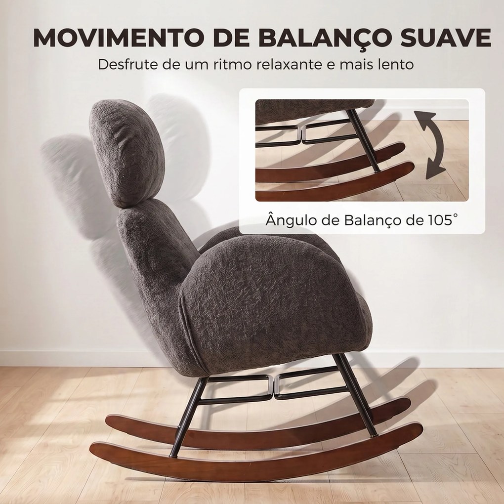 Cadeira de Baloiço Estofada com Apoio de Cabeça Ajustável, Veludo Texturado, Base em Madeira de Seringueira, Cinzento-Escuro