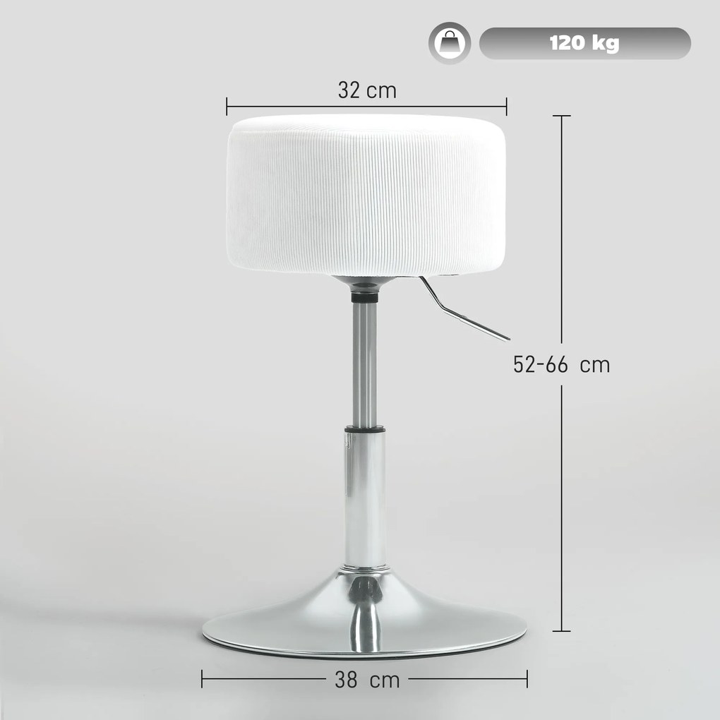 Banco de toucadou ou cozinha Ajustável em Altura 52-66 cm Estofado em Veludo Giratória a 360° Branco