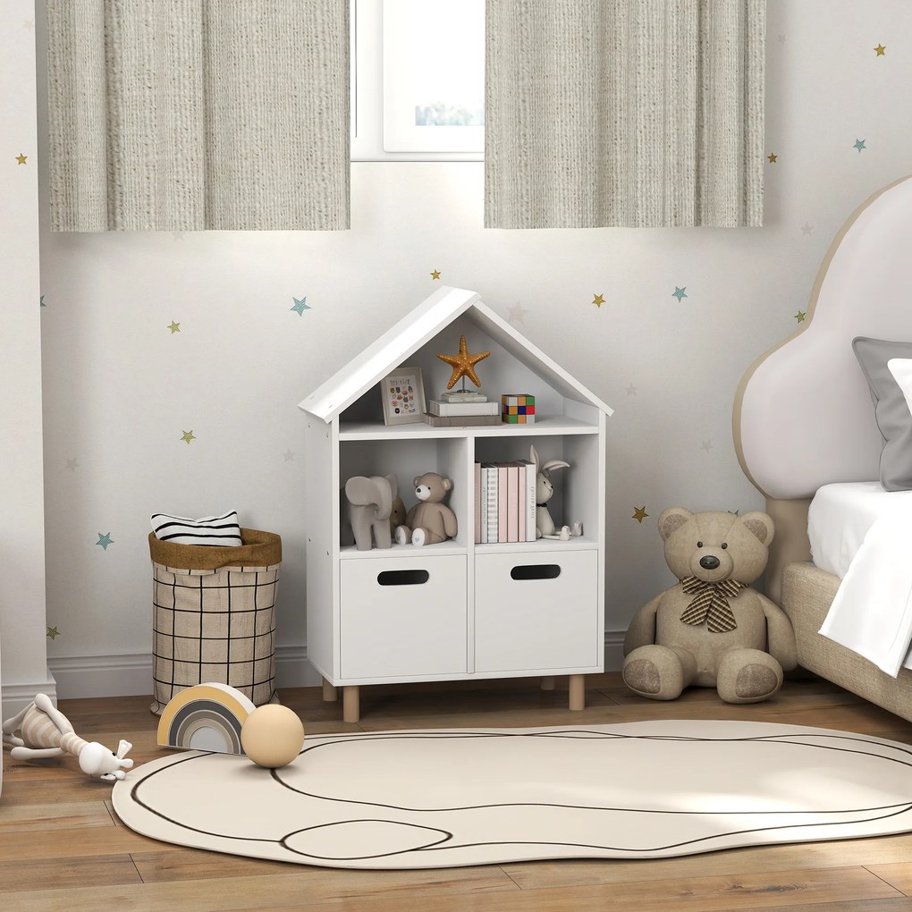 Estante infantil, móvel de arrumação para crianças 63,7 x 29,7 x 89 cm com 3 níveis e duas gavetas, em forma de casa branca