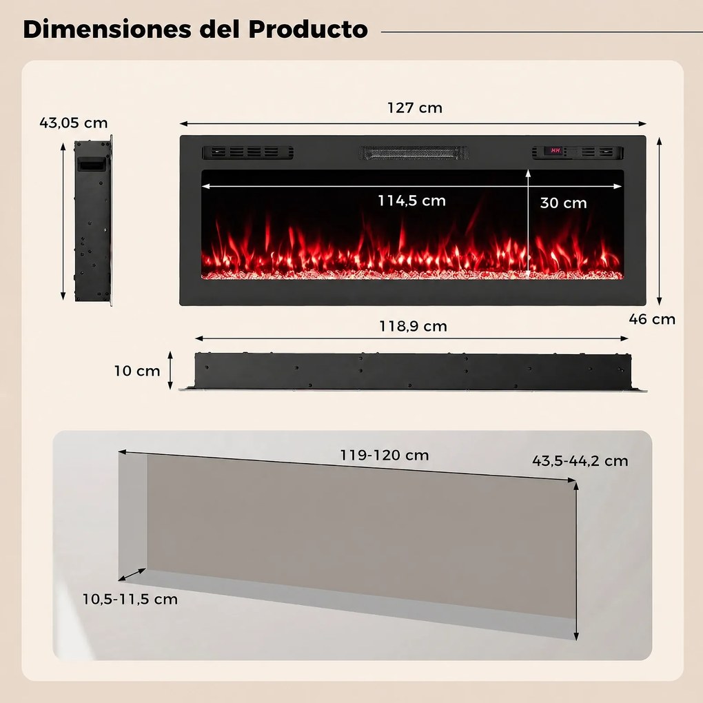 Lareira Elétrica de Encastrar, 127 x 10 x 46 cm, Efeito de Chama Multicolor, Preto