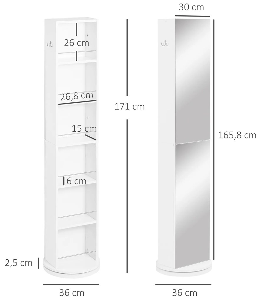 Armário Alto de Casa de Banho Giratório com 6 Níveis e Espelho de Corpo Inteiro para Dormitório 36x36x171 cm Branco