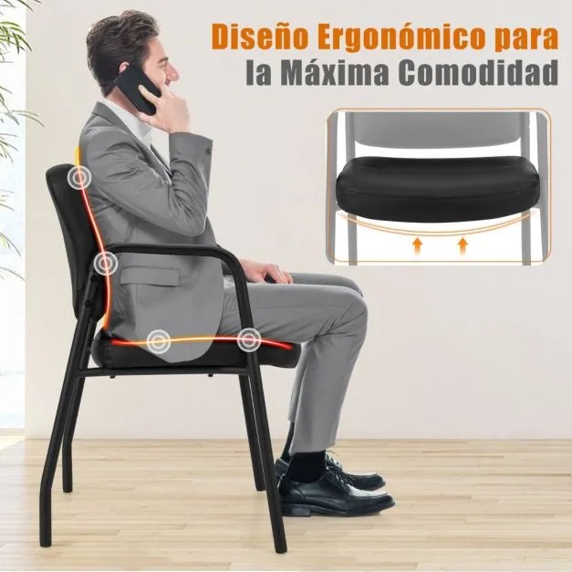 Conjunto de 2 cadeiras de receção estofadas em couro sintético misto com apoios de braços integrados para escritório, conferência e clínica Preto