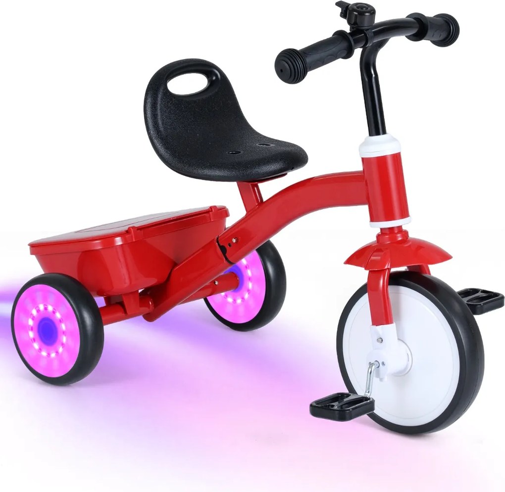 Triciclo para crianças com rodas luminosas, assento ajustável em 4 níveis, compartimento e pedais removíveis, para 3-5 anos, vermelho