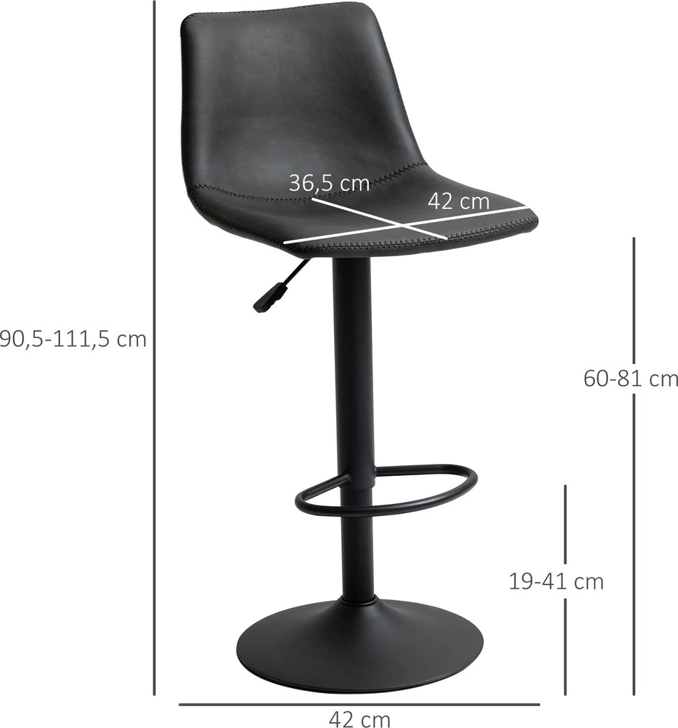 Conjunto de 2 bancos de bar, ajustáveis e giratórios, com apoio para os pés e revestimento sintético - preto - altura ajustável entre 90 e 110 cm