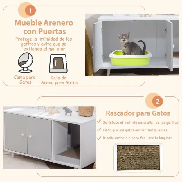 Caixa de areia escondida para gatos Porta dupla decorativa 90 x 50 x 50 cm Branco e cinzento