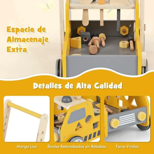 Andador de empurrar em madeira 2 em 1 para bebés e crianças com velocidade ajustável e armazenamento Brinquedos Montessori Amarelo
